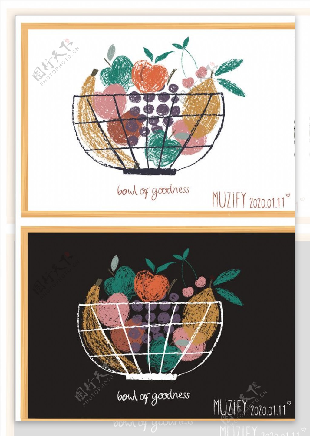 水果篮子黑板2色粉笔画