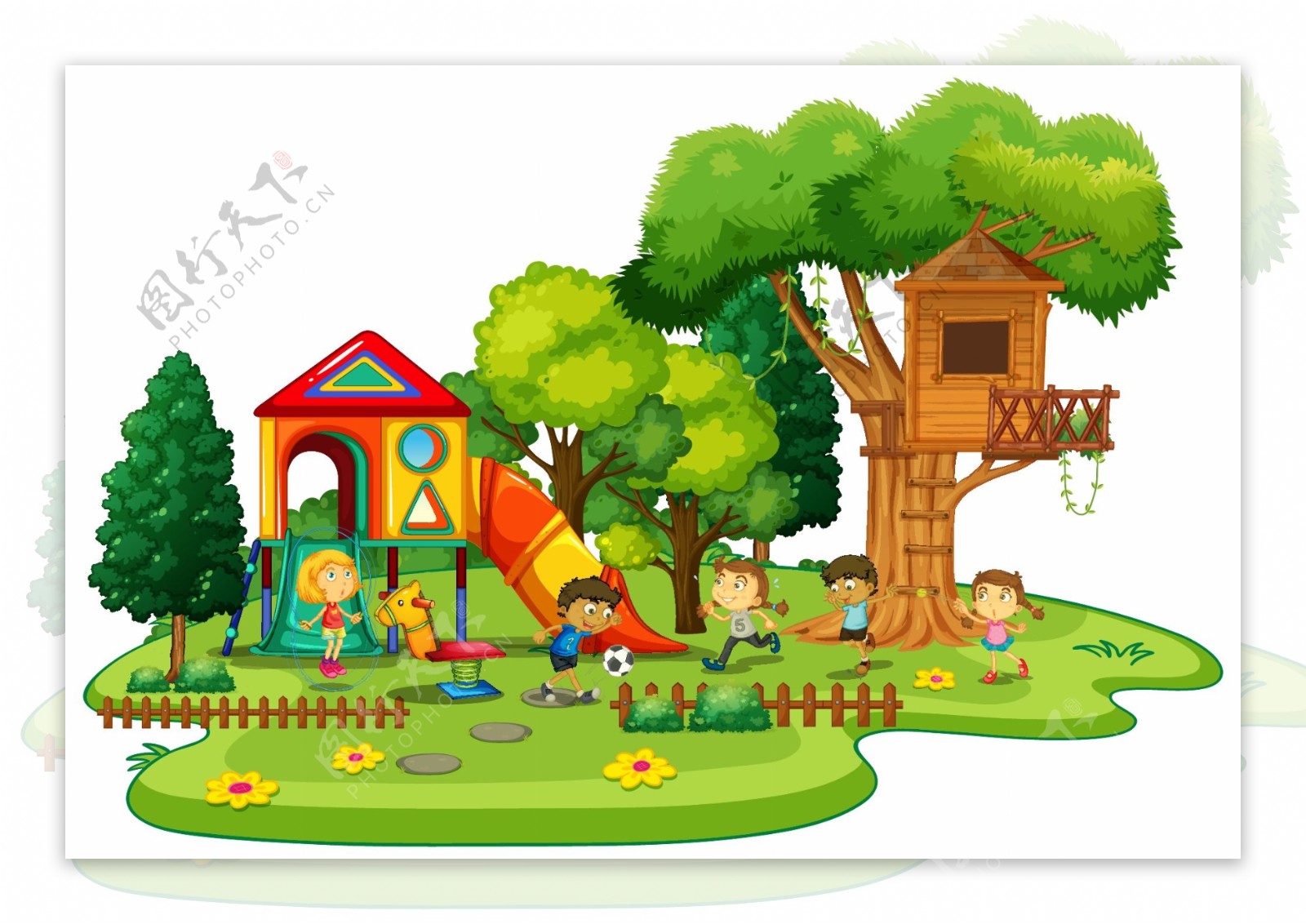 卡通儿童和树屋