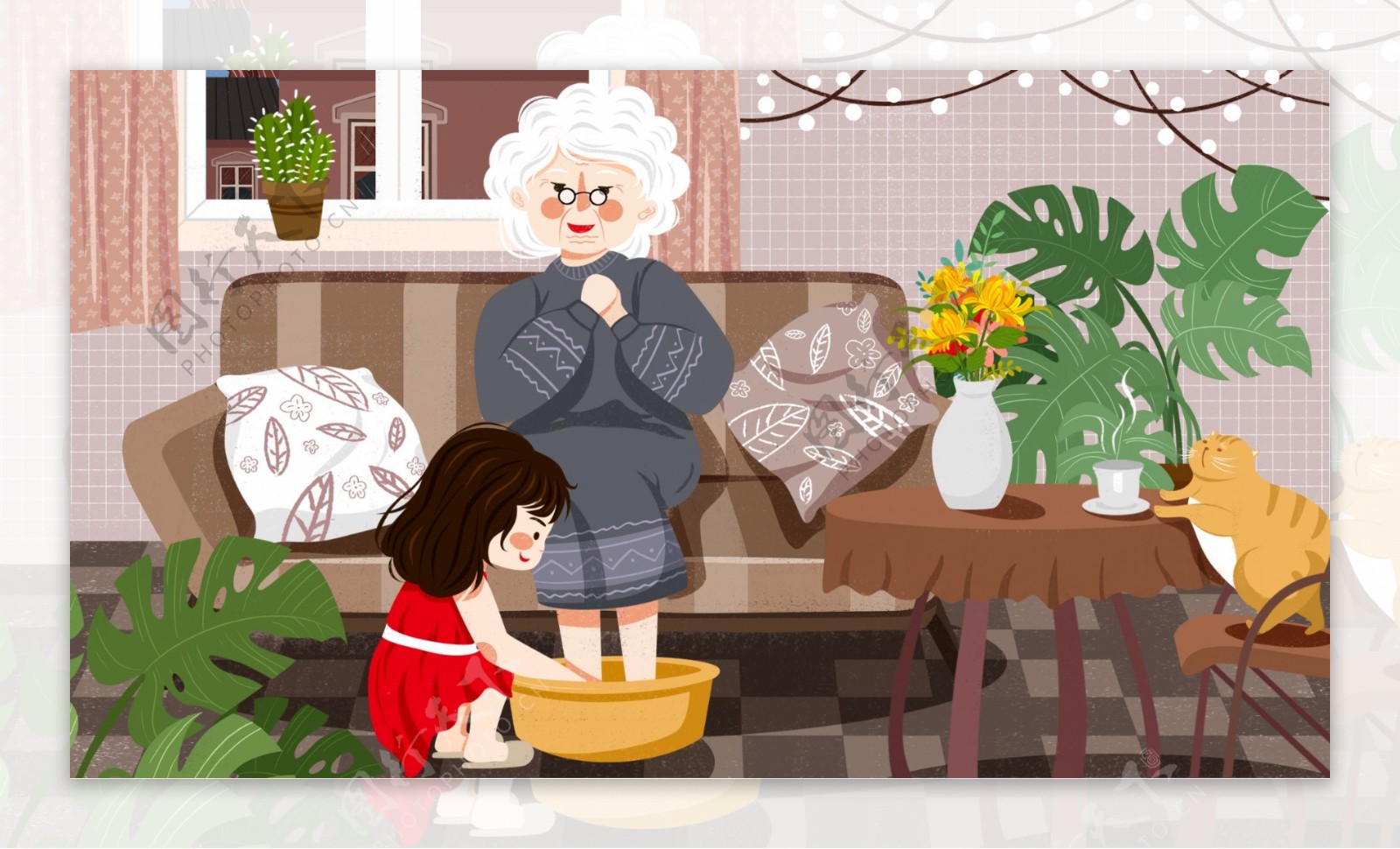 女孩帮老奶奶洗脚插画