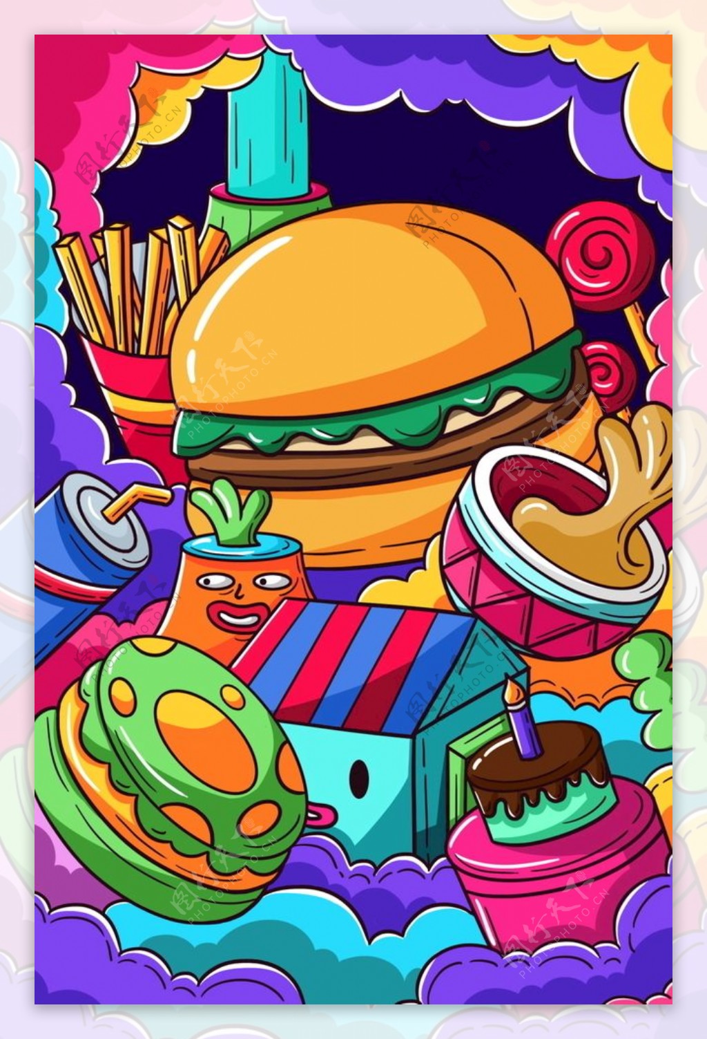 蒸汽波汉堡美食插画