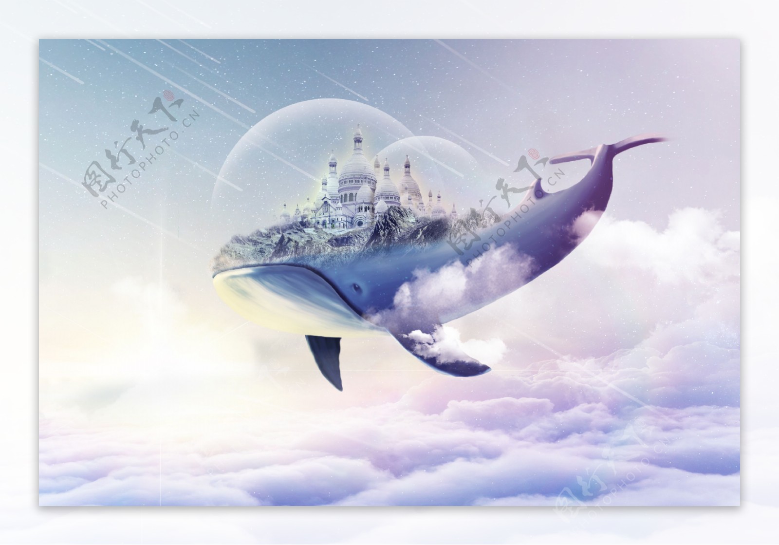 鲸鱼天空梦幻云朵插画墙画背景