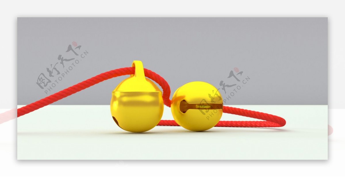 C4D金色铃铛模型红绳铃铛