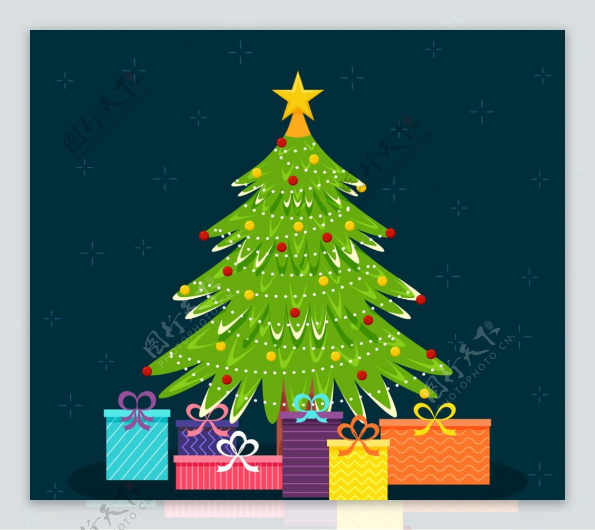 手绘绿色圣诞树和礼物