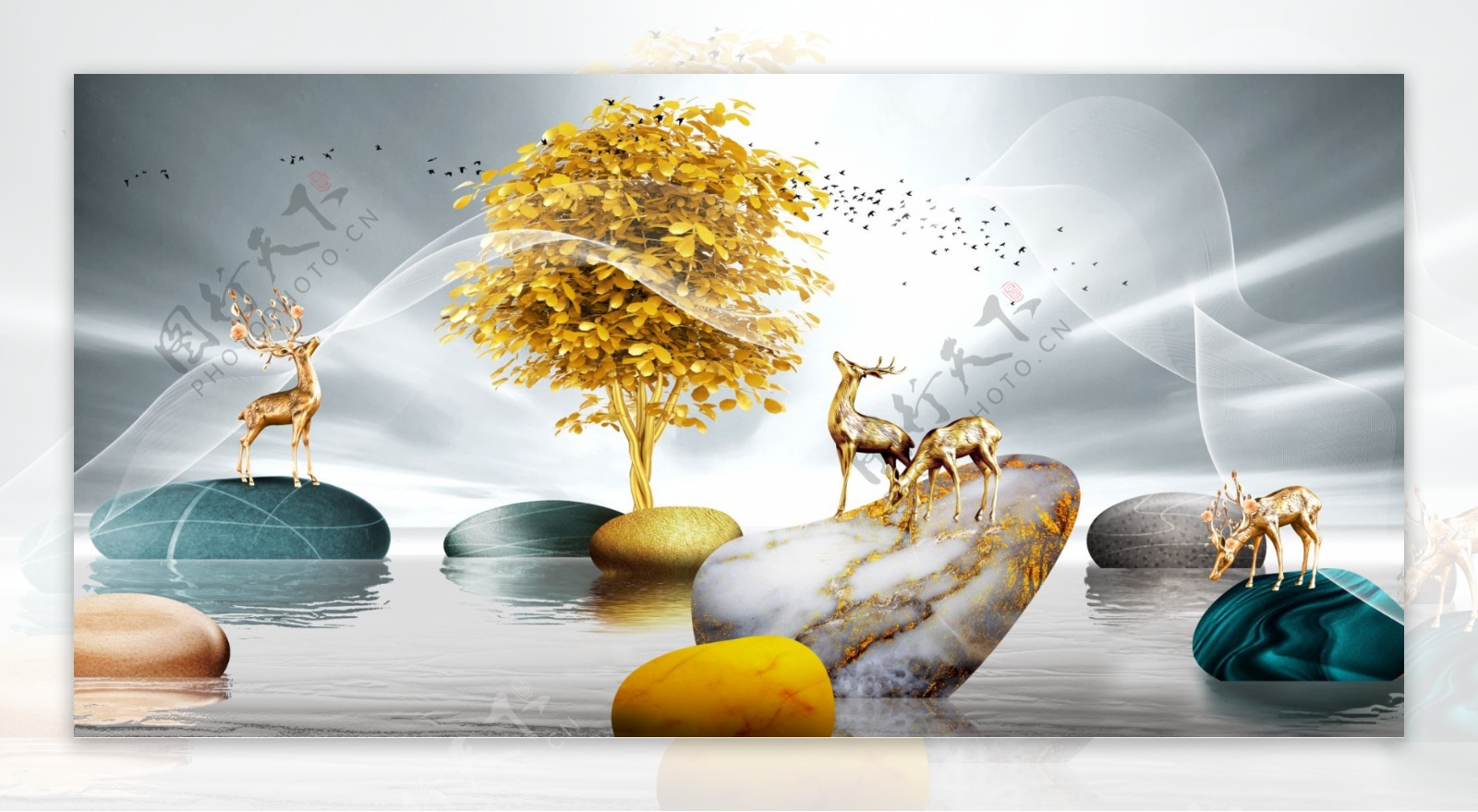 新中式金色大海水石头麋鹿装饰画