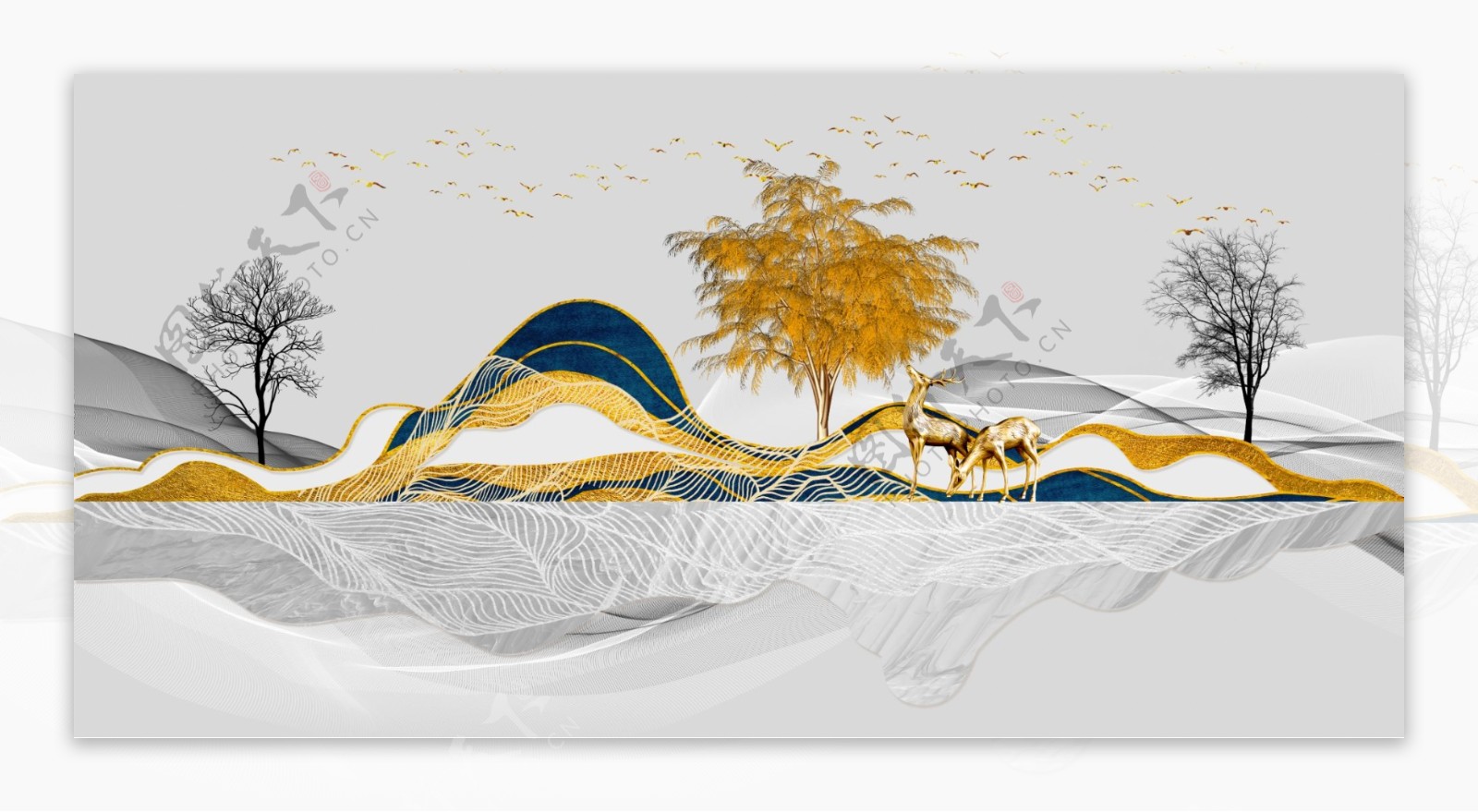 新中式鎏金金箔水墨山水装饰画