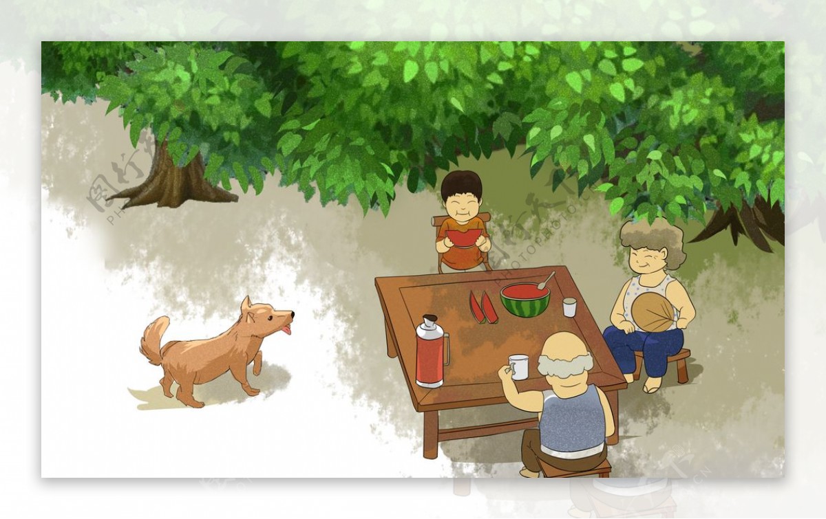 夏季聚会吃西瓜插画卡通背景