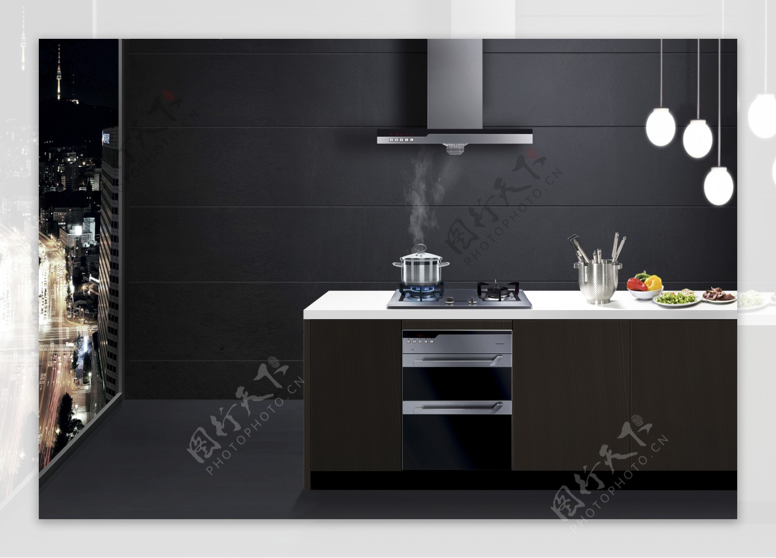 厨房做菜黑色高端合成背景素材