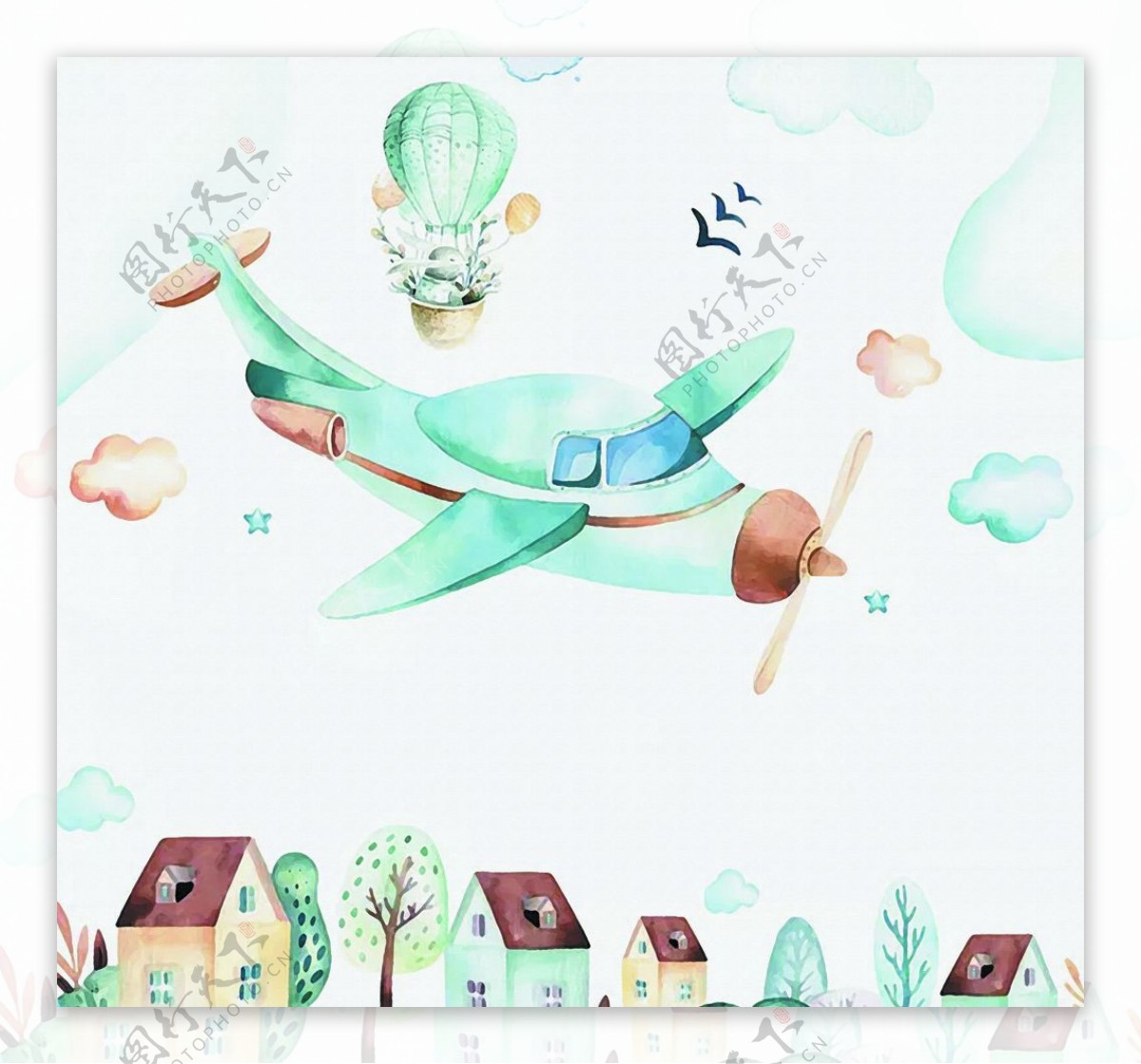 飞机热气球房屋卡通装饰图