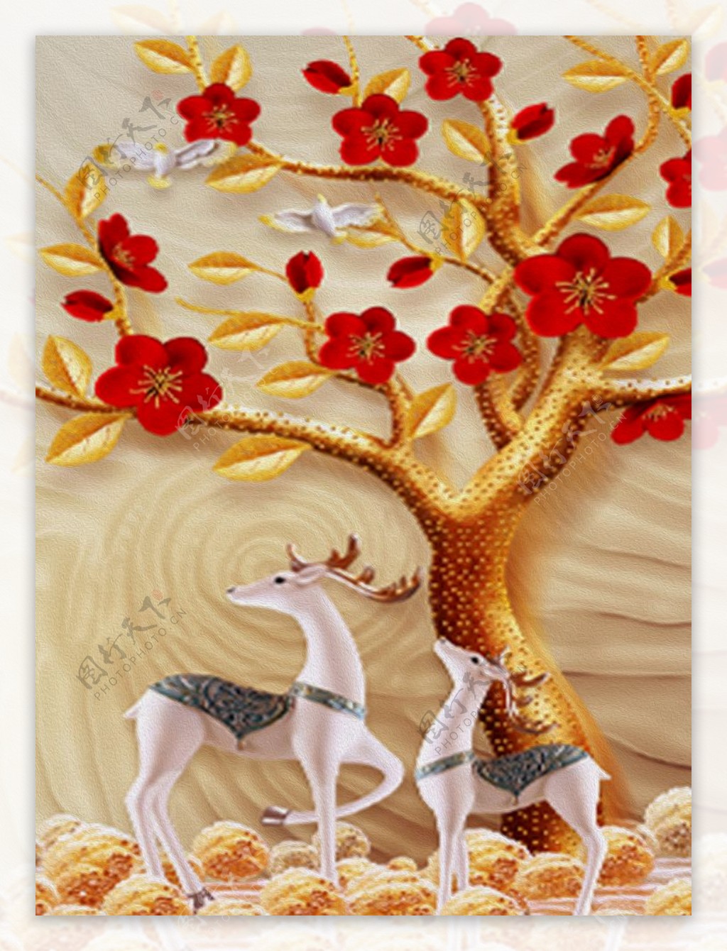 中式北欧小鹿小鸟花卉装饰画