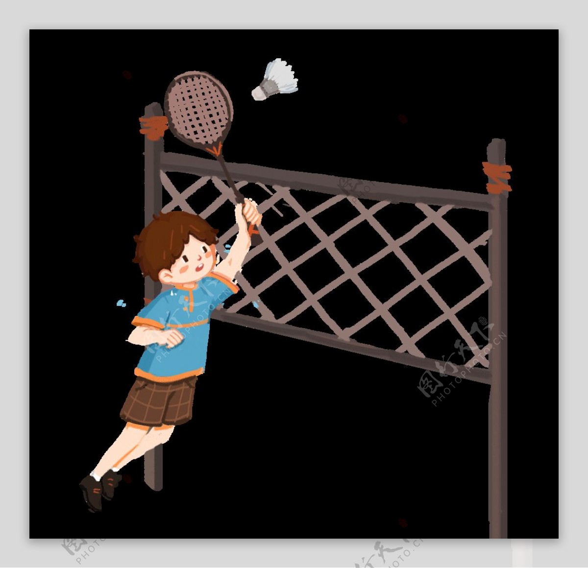 卡通打羽毛球的男孩插画