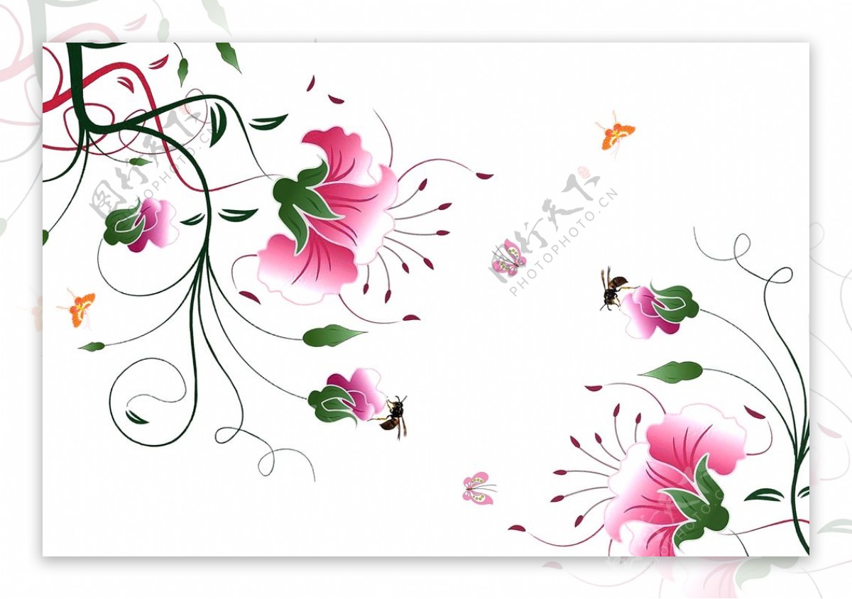 郁金香海棠花蜜蜂粉色背景墙壁纸