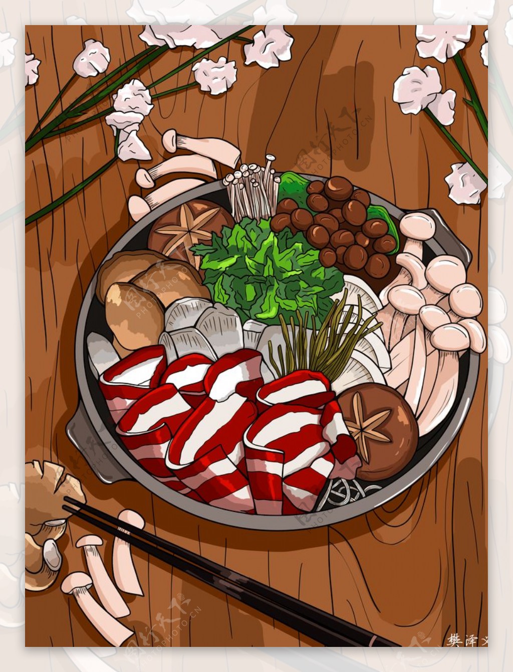 板绘菌子火锅插画图片