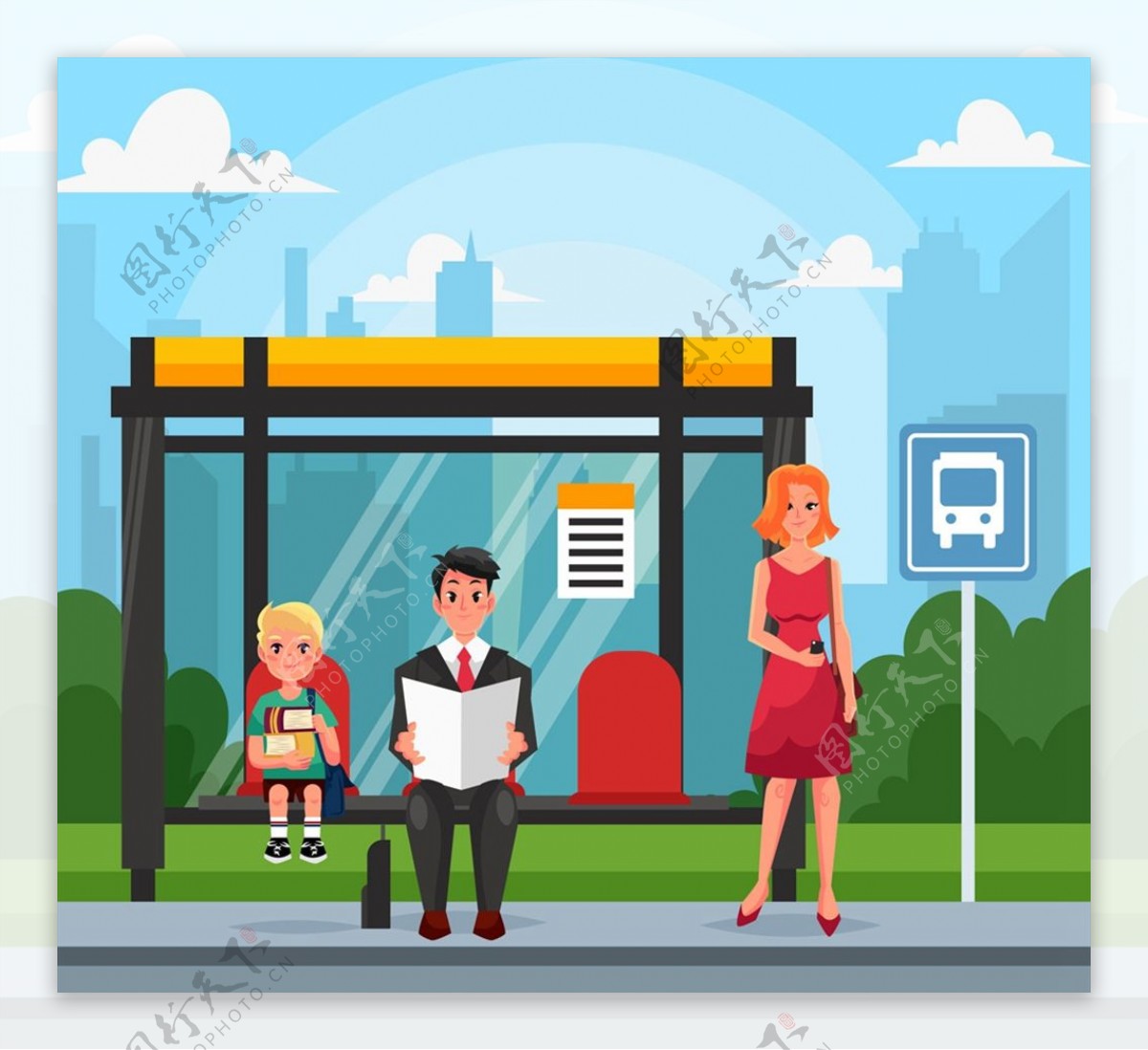等公交车的母子|插画|儿童插画|夏岛鲸澜 - 原创作品 - 站酷 (ZCOOL)