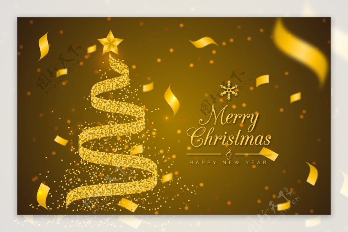 金色丝带圣诞树贺卡图片