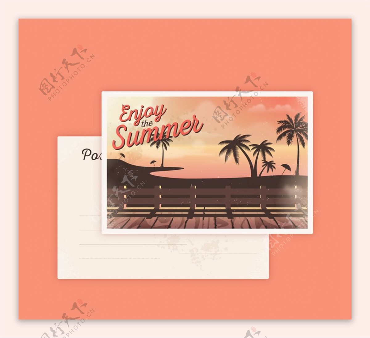 夏季沙滩椰树明信片图片