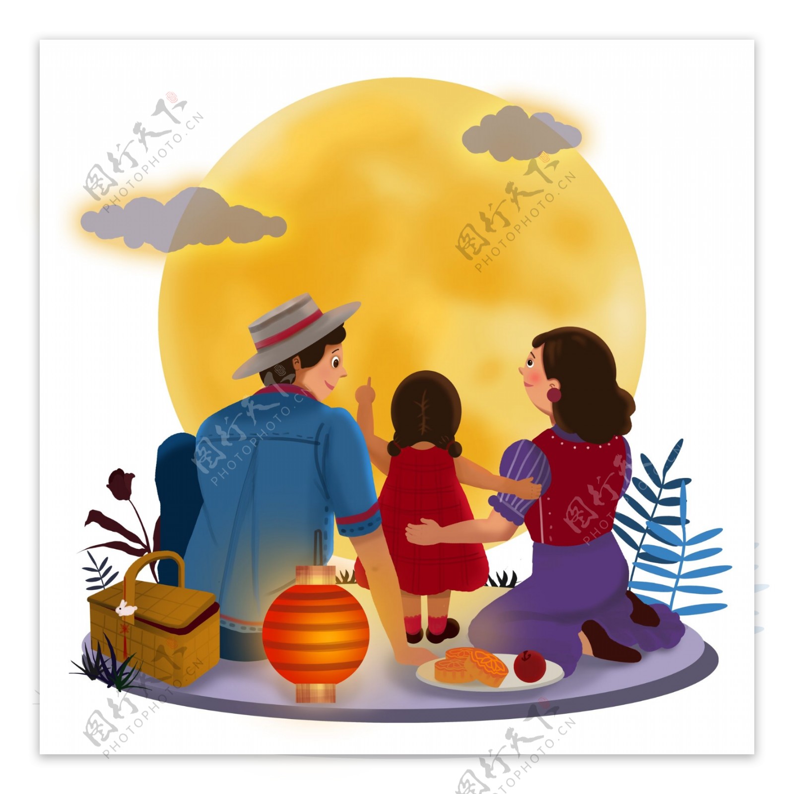 中秋节赏月的一家人图片