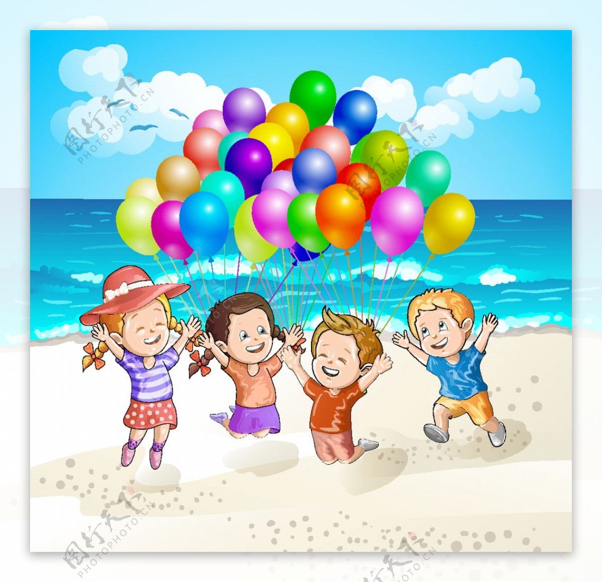 海滩玩气球的孩子图片
