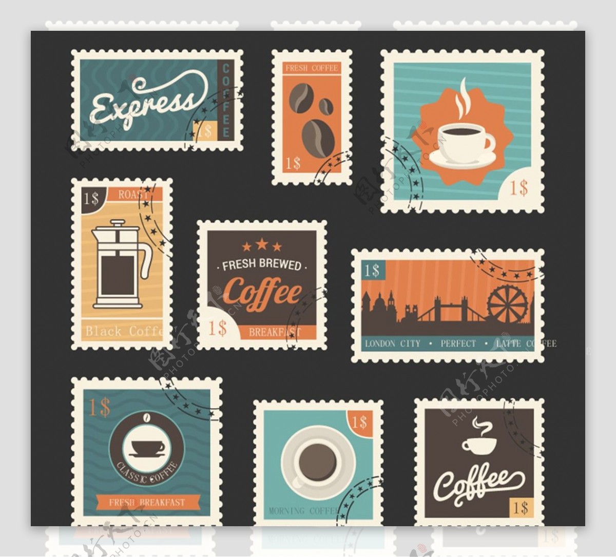 复古咖啡邮票图片