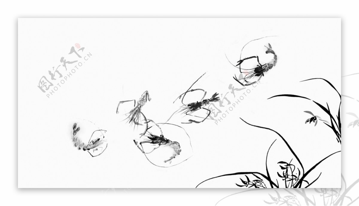 龙虾水墨黑白简约背景海报素材图片