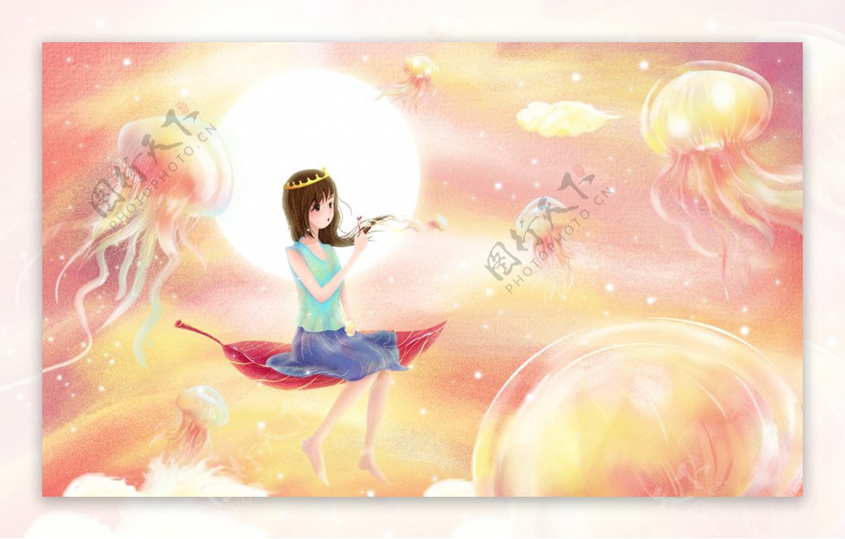 少女女性水母梦幻插画背景素材图片