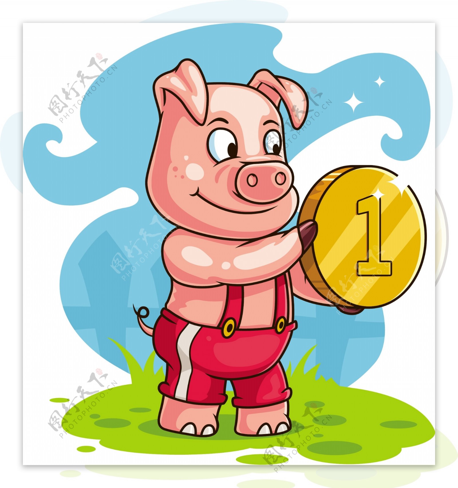 卡通拿金币的猪图片