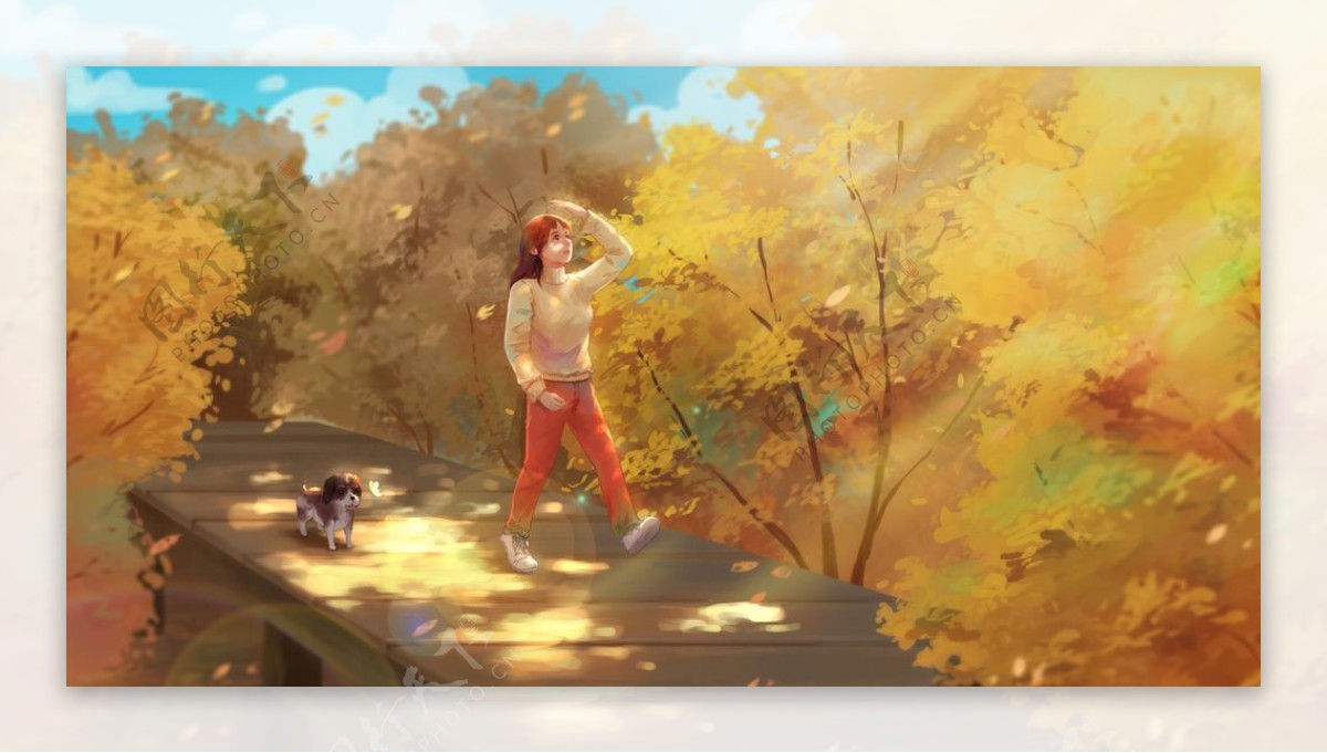 秋季人物散步漫步背景海报素材图片