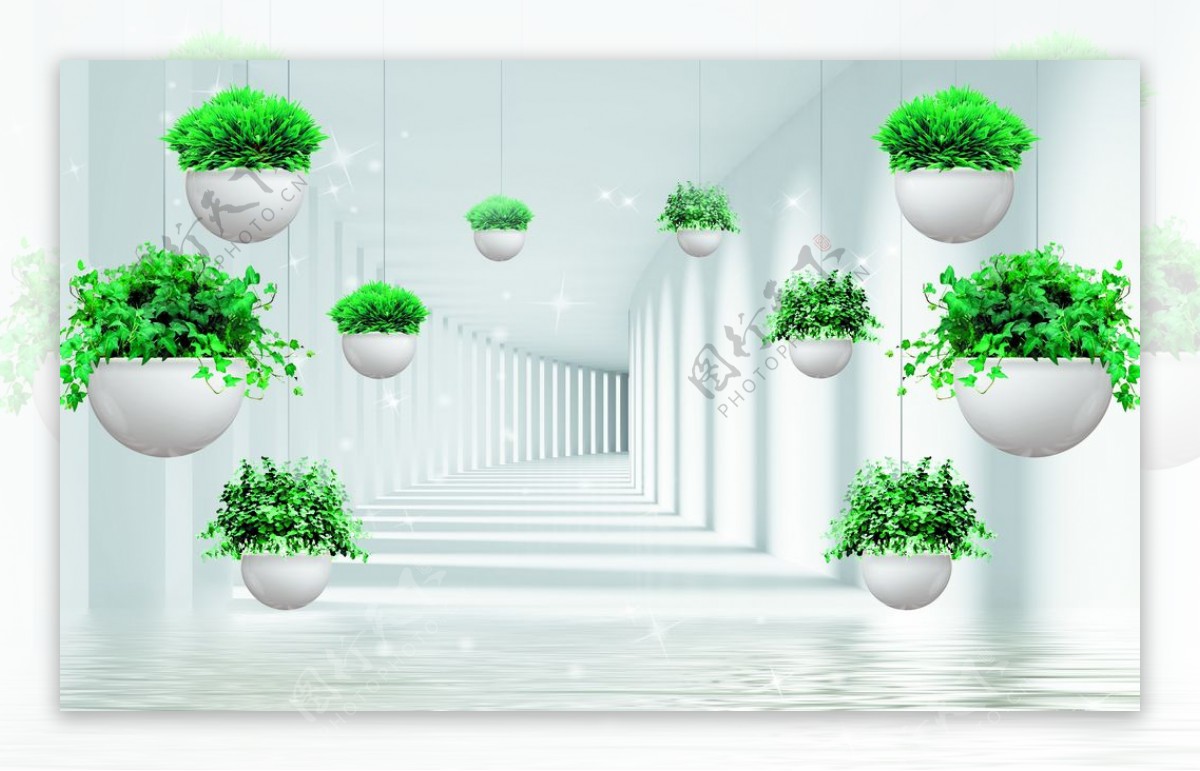 走廊中悬吊的绿色植物装饰画图片