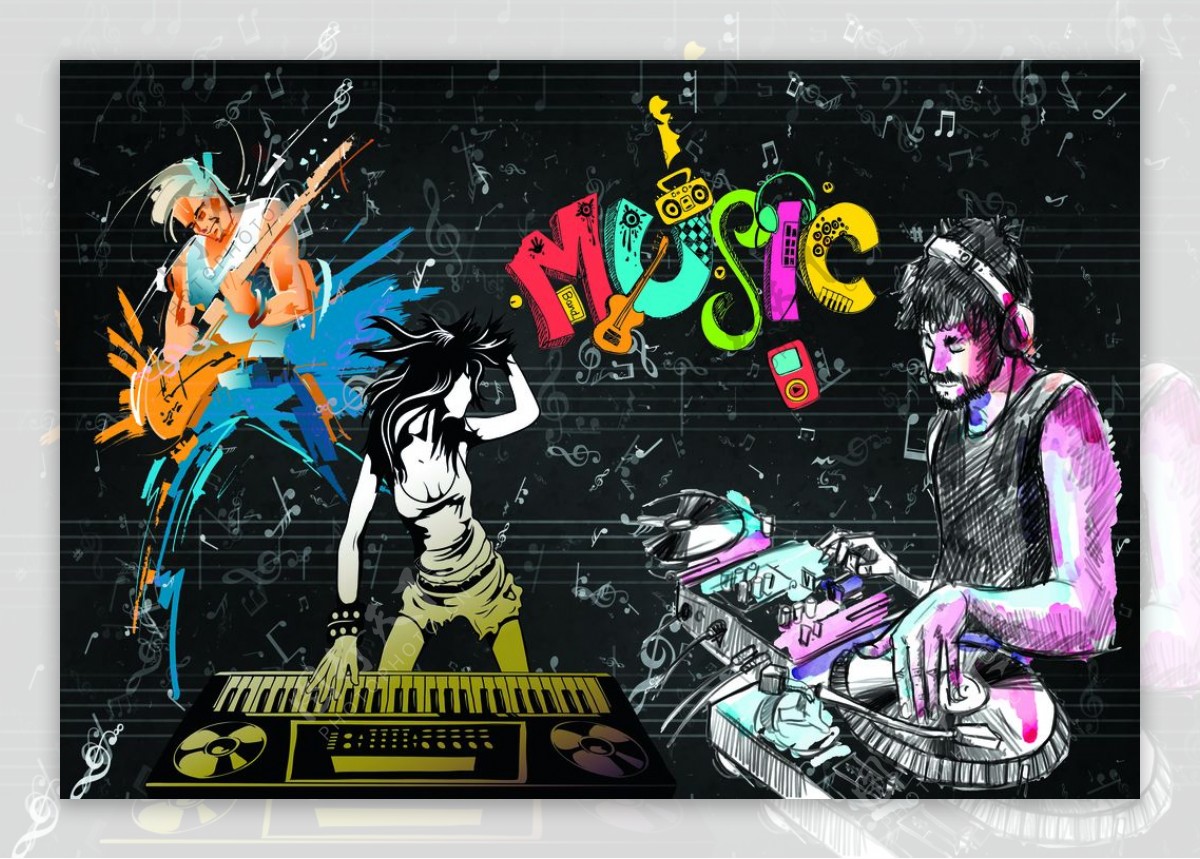 彩色人体音乐涂鸦艺术墙体装饰图图片