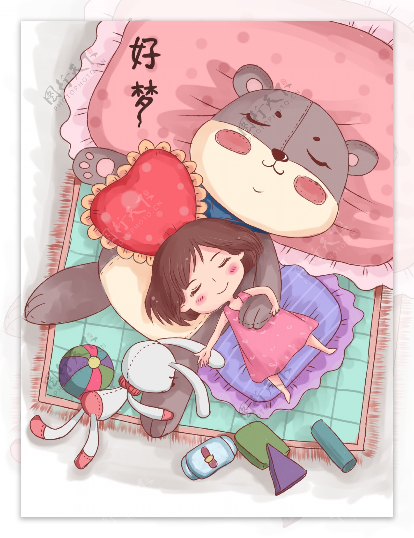 小清新卡通插画手绘女孩睡觉海报图片