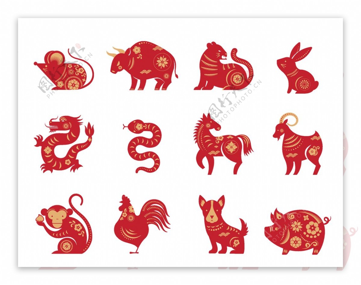 中国风牛年新年十二生肖剪纸矢量图片