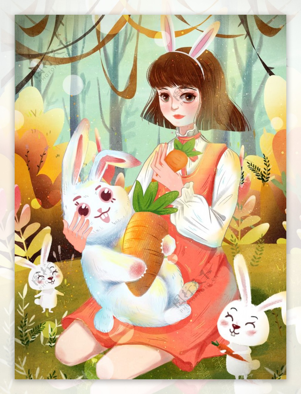 女孩兔子插画图片