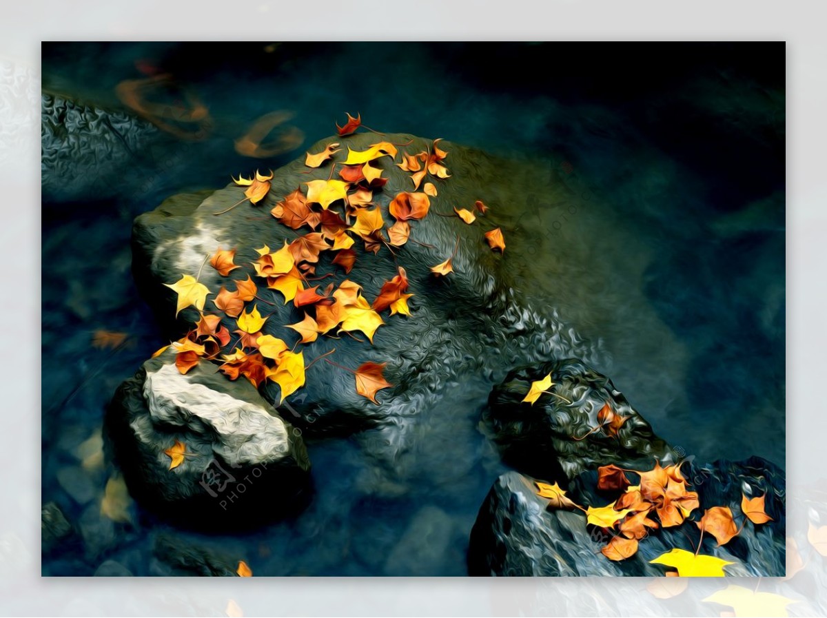 河流岩石落叶风景油画图片