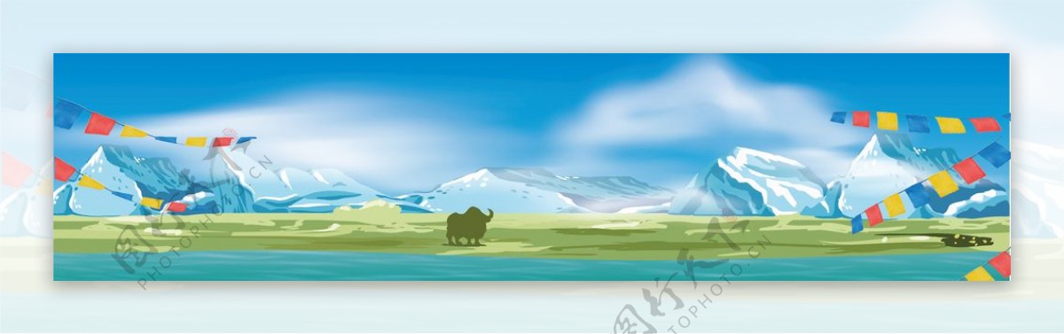 青藏高原冰山青海湖漫步的牦牛图片